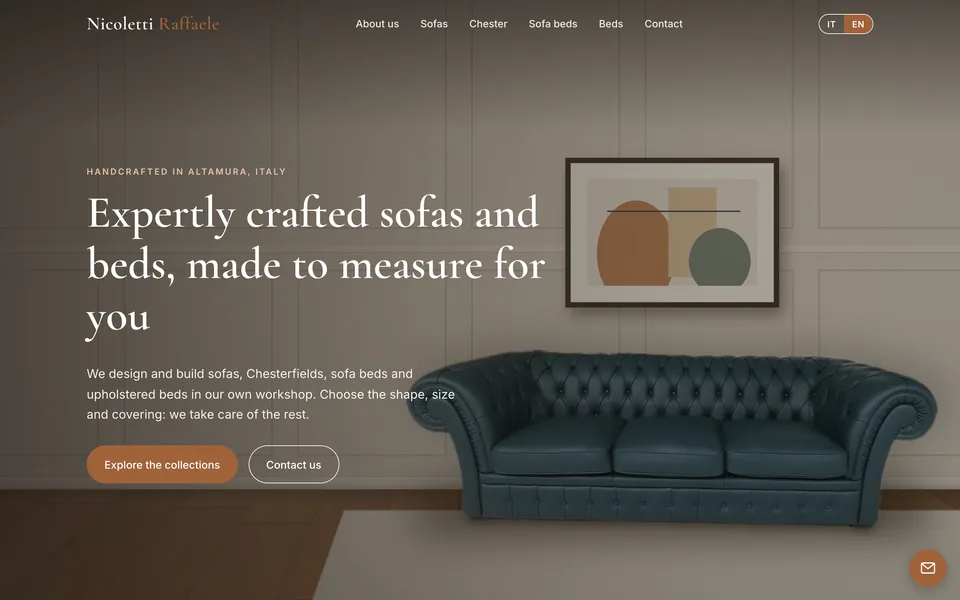 Nicoletti Raffaele website: a teal Chesterfield in a styled room, headline “Expertly crafted sofas and beds”