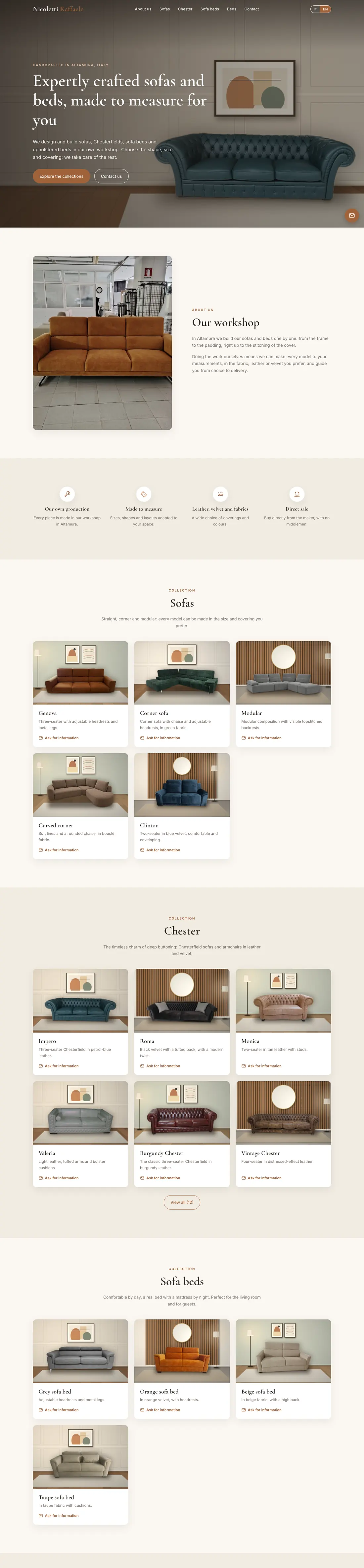 The full homepage: hero, workshop story, four values, and the sofa, Chesterfield, sofa-bed and bed collections