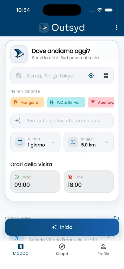 Outsyd home screen: “Where are we going today?”