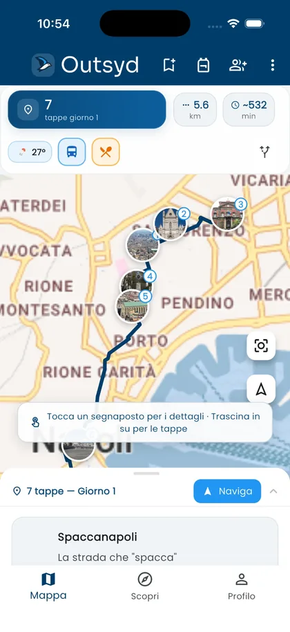 Outsyd: a day itinerary in Naples drawn on the map