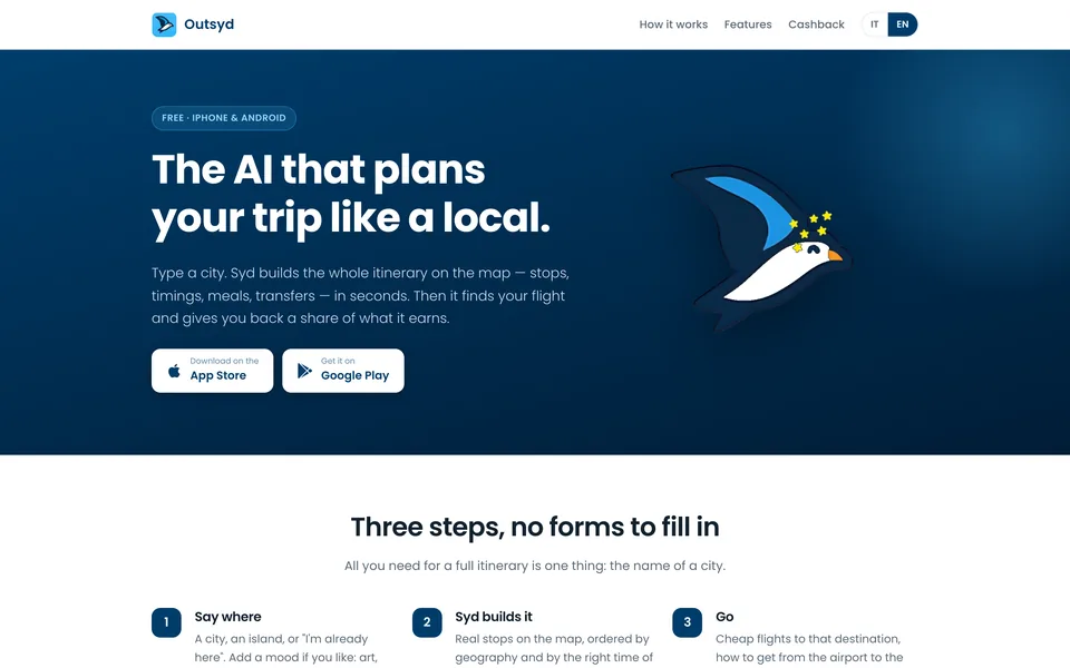 Outsyd landing page: “The AI that plans your trip like a local”, with App Store and Google Play buttons