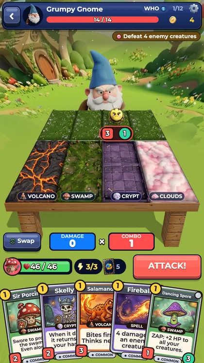 A Zaptopia battle: a gnome boss across a four-lane 3D table