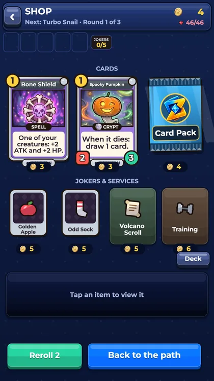 The shop between fights: cards, Jokers and services